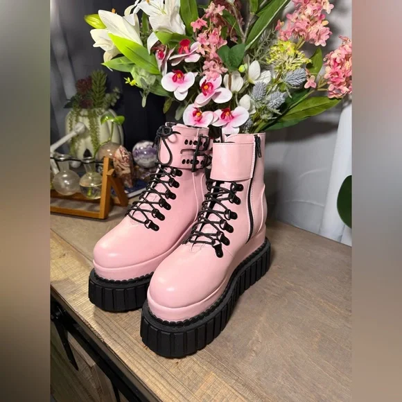 Dolls Kill LAMODA PINK SHOOT MY SHOT CREEPER BOOTS - Picture 2 of 6